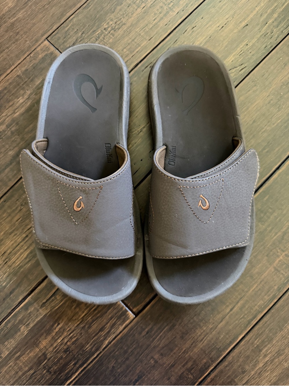 OluKai Men’s Slide Sandals in Dark Java with Light Brown Logo Accent